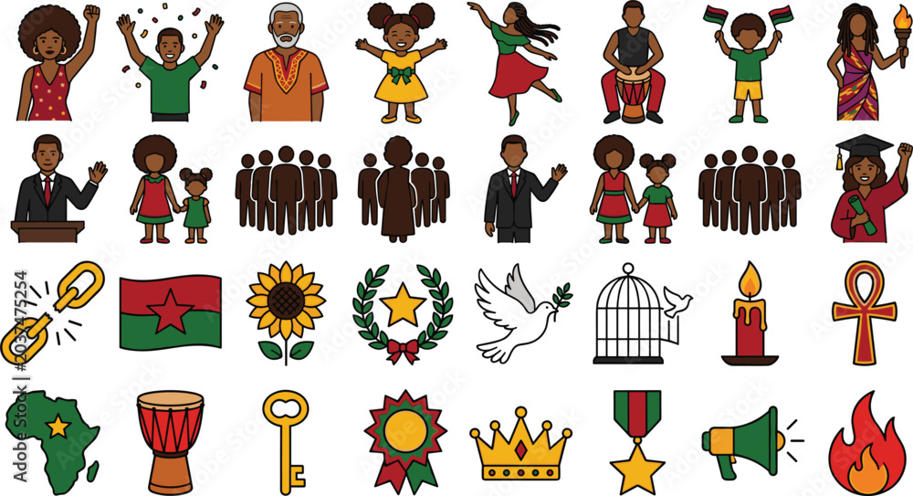 Fototapeta premium Juneteenth and Black History Month vector icon set with African American family characters, Pan-African flag, broken chains, and cultural freedom symbols