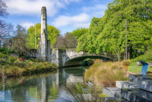 Bridge of Remembrance over the Avon River, Christchurch, New Zealand.