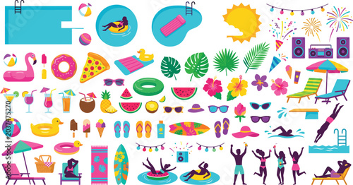 Foto Summer pool party and beach vacation flat vector element set with floaties, cock