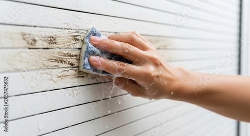 Close-up of a hand cleaning dirty white blinds with a damp cloth, showing the cleaning process.