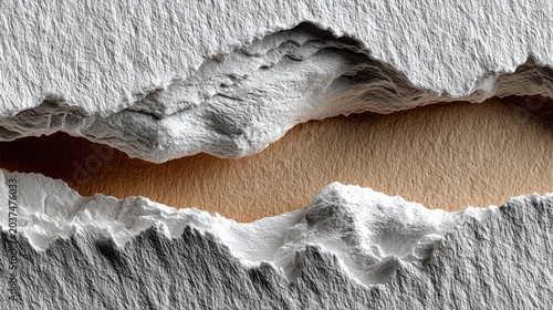 Textured, abstract composition with torn white paper revealing a contrasting golden-brown expanse