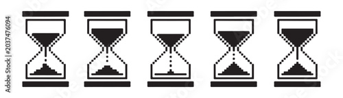 Принти на полотні Set of pixel art hourglass icons for loading and waiting time, sand flowing inside, process
