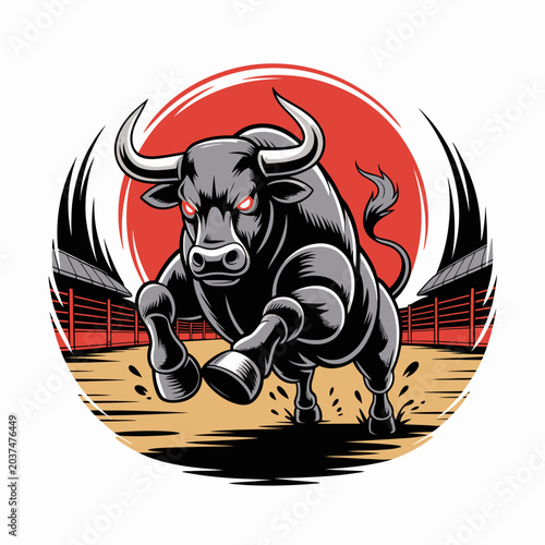 Angry bull charging forward aggressively strong.