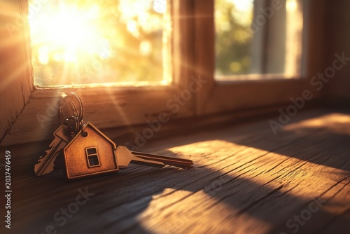 House key keyring sunlight wooden floor window home real estate property security warm light metal house shaped keychain key lock dwelling residence interior close up indoor morning shadow