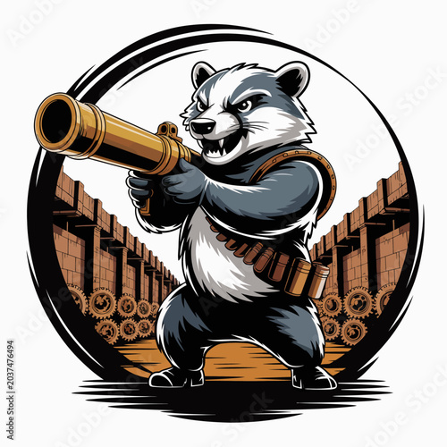 Cuadro en lienzo Cartoon badger holding a cannon toy.