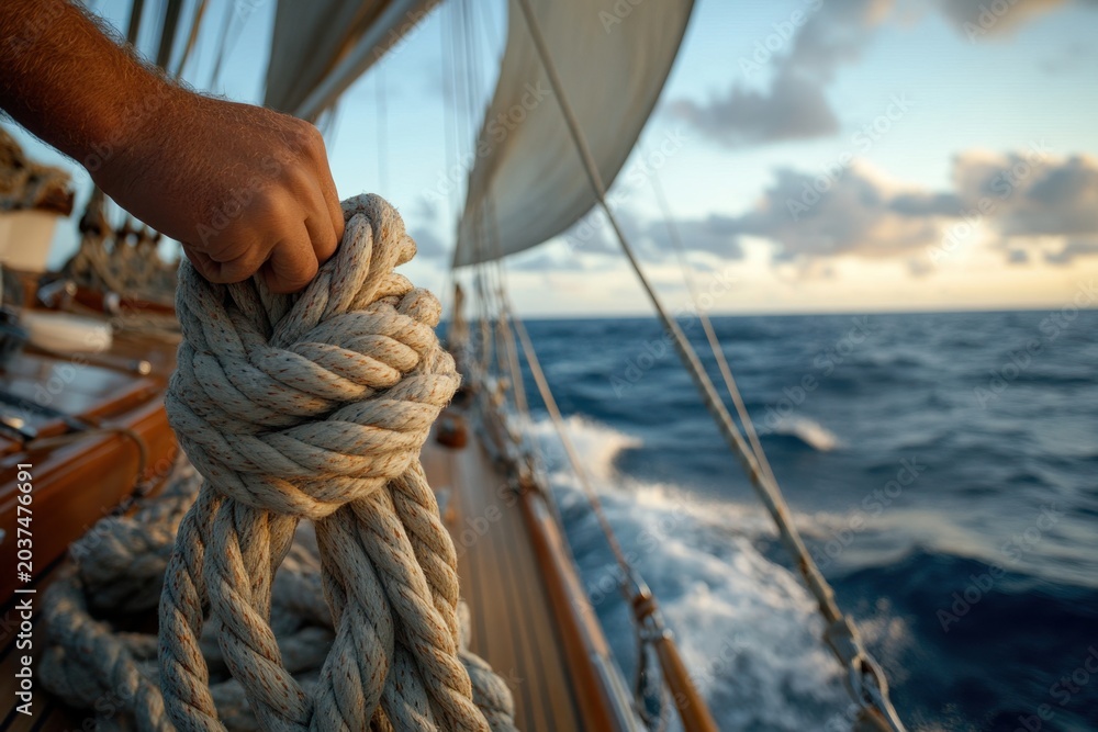 Fototapeta premium Sailor tying knot with thick rope on sailboat deck at sea during sunset, hand holding coiled rope, nautical travel and ocean motion