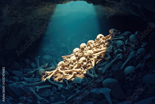 Ancient bones pile in dark cave under light beam, eerie burial chamber with skeleton remains and skulls