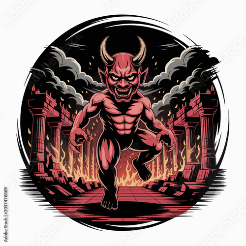 Tableau sur toile Muscular red devil with horns standing.
