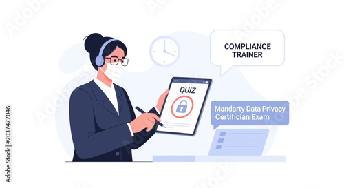 Female Compliance Trainer Holding Digital Tablet for Online Quiz and Certification.