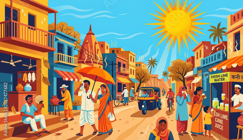 A series of vibrant illustrations capturing everyday Indian life, vibrant street culture, and the resilient spirit of people navigating a scorching, sun-drenched summer in India.