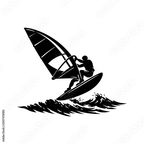 Windsurfing silhouette vector, Black windsurfing silhouette isolated on white background, sport windsurfing silhouette
