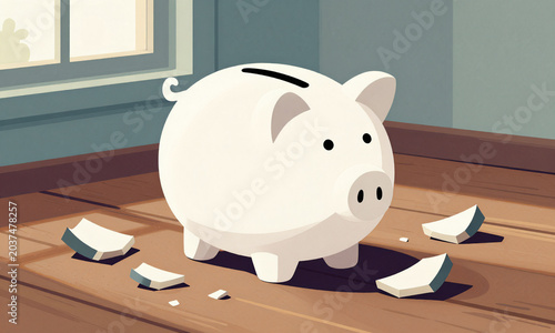 shot captures shattered remnants white piggy bank splayed across weathered wooden floor bathed soft morning light