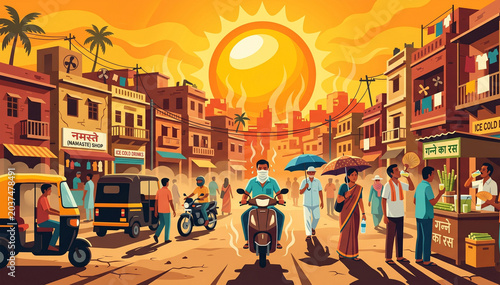 A series of vibrant illustrations capturing everyday Indian life, vibrant street culture, and the resilient spirit of people navigating a scorching, sun-drenched summer in India.