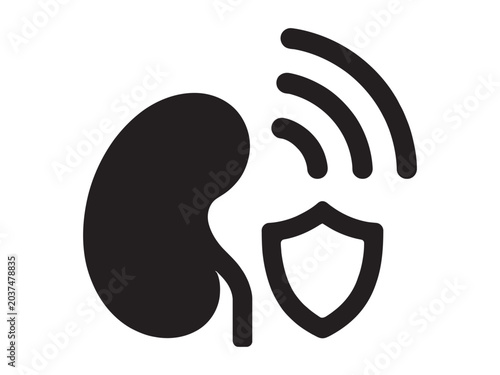 Kidney with shield and signal waves for health protection and safety concept