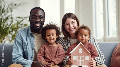 Happy family holding toy house symbolizing new home and exciting future