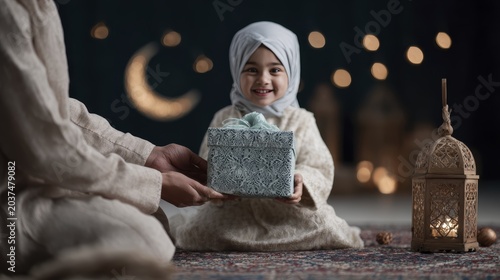 Joyful child in traditional outfit receiving gift during festive celebration