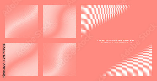Assorted vector corner circular lines light red halftone pattern set in square 1:1 aspect ratio including diagonal twisted frame and various striped curved textures. Linear half tone design backdrops