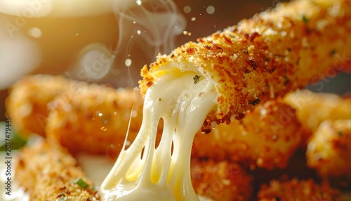Mozzarella cheese sticks being pulled apart.