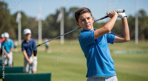 Determined young golfer concentrating on swing on sunny green course, active player practices precise technique, holding club high for powerful shot, other players visible.
