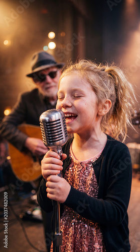 Girl sings into microphone while musician plays guitar in background during live performance at venue in evening with warm lighting