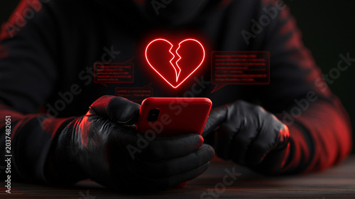 Digital Heartbreak: A shadowy figure in black gloves holds a red smartphone, a glowing neon red broken heart hologram hovering above it, symbolizing online deception and emotional distress.