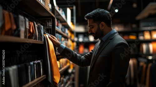 Man Choosing Tie: A dapper gentleman in a suit carefully selects a vibrant orange tie from a shelf filled with various neckwear options, showcasing sophisticated style and personal choice.