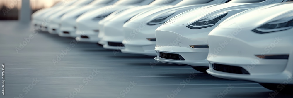 Fototapeta premium Many identical white electric cars are parked in a row in a large parking lot or distribution center, possibly at a dealership or factory, awaiting delivery or sale