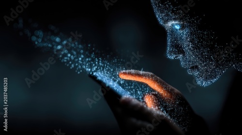 Hand holding a smartphone in dark office, glowing blue digital bot face and binary code stream overlay, future communication tech concept 