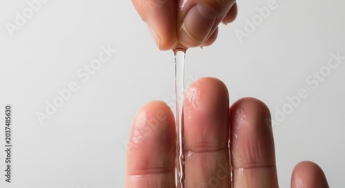 Close-up of a hand squeezing a clear liquid onto fingertips against a white background.