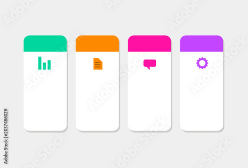 Infographic business promotion elements feature four colorful rectangular cards with chart icons.