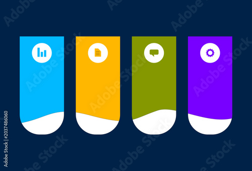 Infographic business promotion banners feature four colorful vertical designs with circular icons.