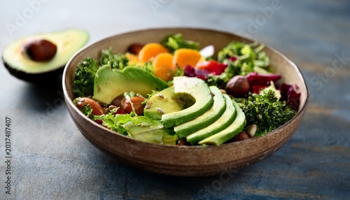 healthy superfood salad bowl with avocado