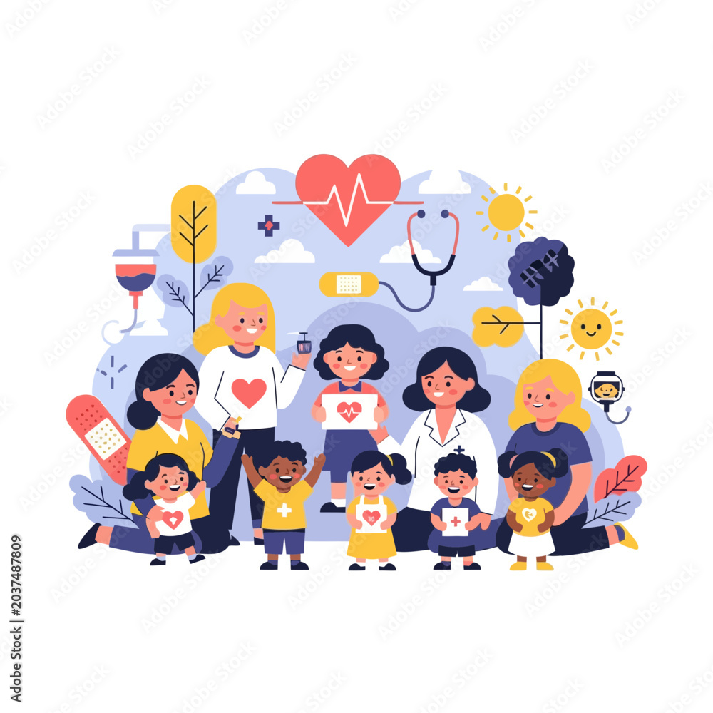 Fototapeta premium Group of children and nurses promoting child health and charity