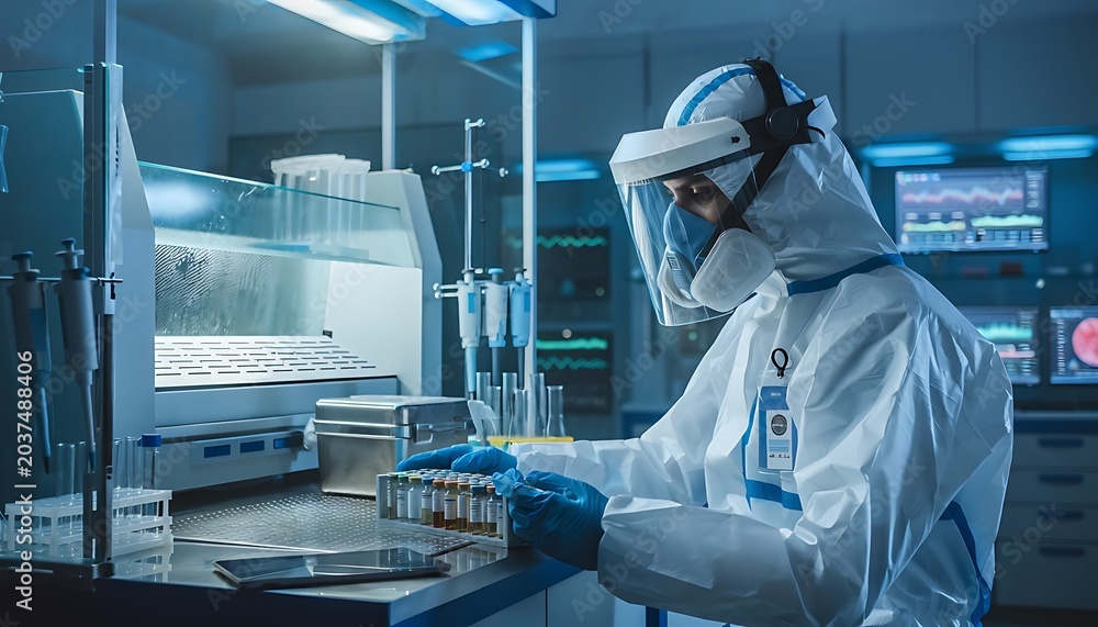 Naklejka premium Scientist in protective gear examines samples in a laboratory setting with equipment and screens.