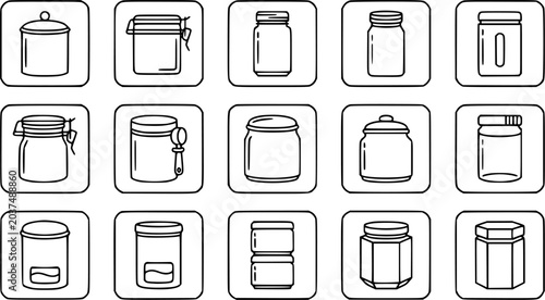 Canvas Print Food Storage Jars and Containers Black and White Line Art Outline Icon Set