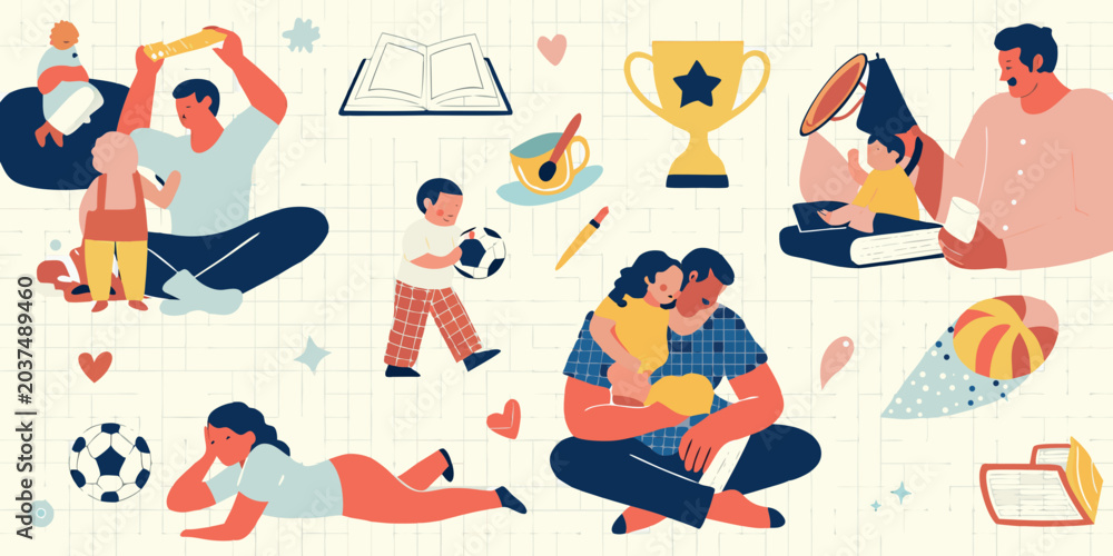 Obraz premium Family interactions and objects a colorful vector illustration