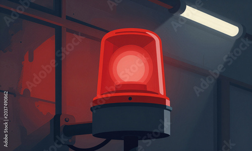 vivid captures intense glow red industrial siren lamp grimy shadowed factory wall bathed harsh fluorescent
