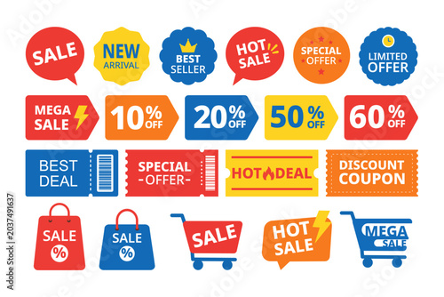 Modern Sale Badges and Discount Labels Flat Vector Set.