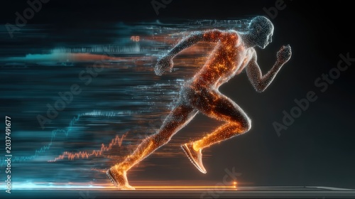 Patient running on treadmill, holographic body muscle heat map and calorie burn stats overlay, sports science technology concept 