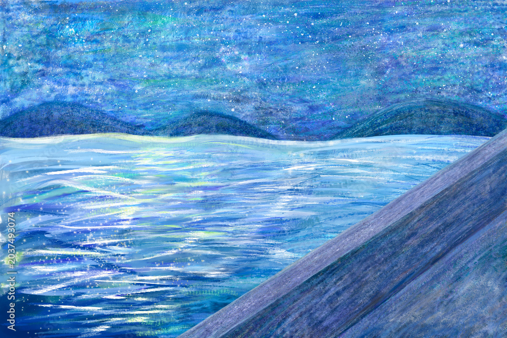 Fototapeta premium 夜の海と山と星空の手描き風景