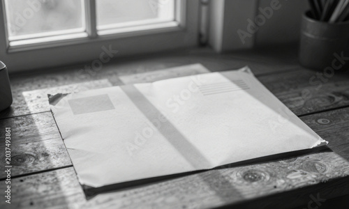 weathered telegram form lies flat wooden desk blank surface illuminated soft morning light streaming open