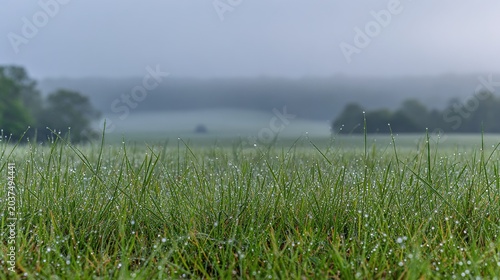 kentucky. Vast field of blue-green grass at dawn with dewdrops and gentle waves. travel magazines, destination branding, designed for outdoor magazines and nature guides, used by bi analysts.