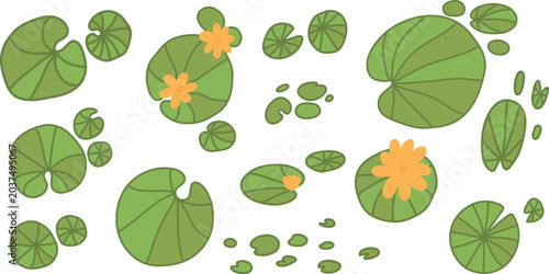 Fotografía Cute vector set with yellow water lily flowers, green lily pads and floating pond leaves