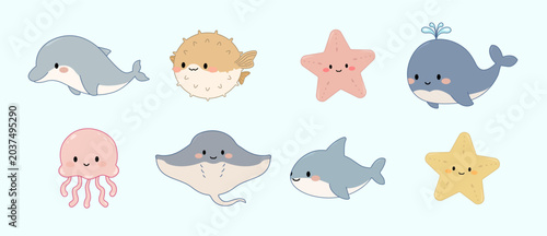 Tableau sur toile Adorable kawaii style cartoon set of cute smiling sea animals on soft light blue background
