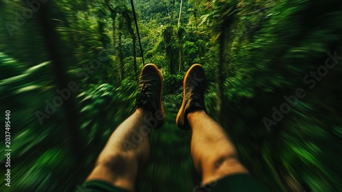 firstperson. Aerial view speeding through a dense rainforest canopy, green blur conveying a sense of motion. travel magazines, destination branding, designed for travel destination branding.