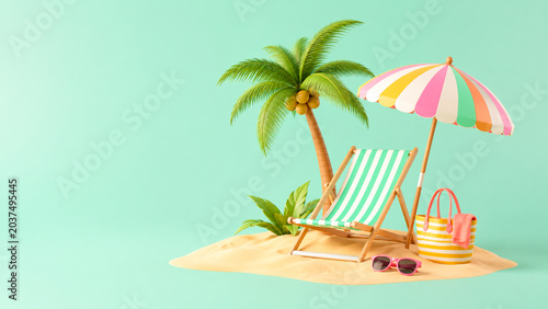 3D tropical beach scene with a striped chair, umbrella and palm tree.
