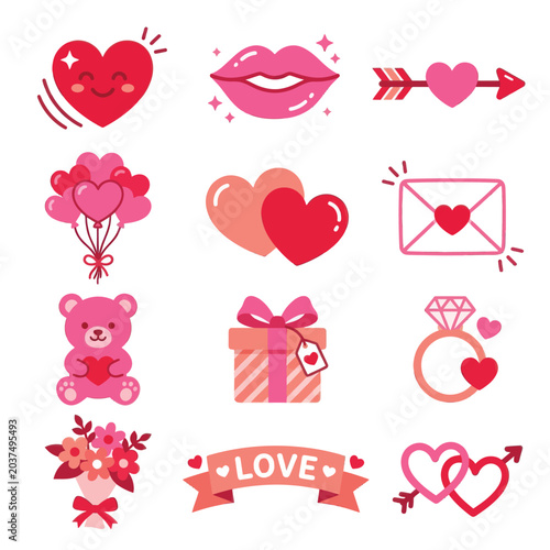 Valentines Day love heart icons set.