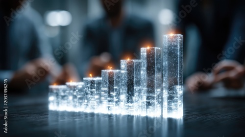 Team looking at a screen, holographic 3D bar graph pillars rising from the table, corporate growth visualization concept