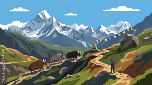 Konstfotografi Hikers and yaks on mountain trail.