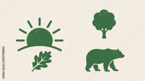 Konstfotografi Environmental conservation icons with bear tree and sun.